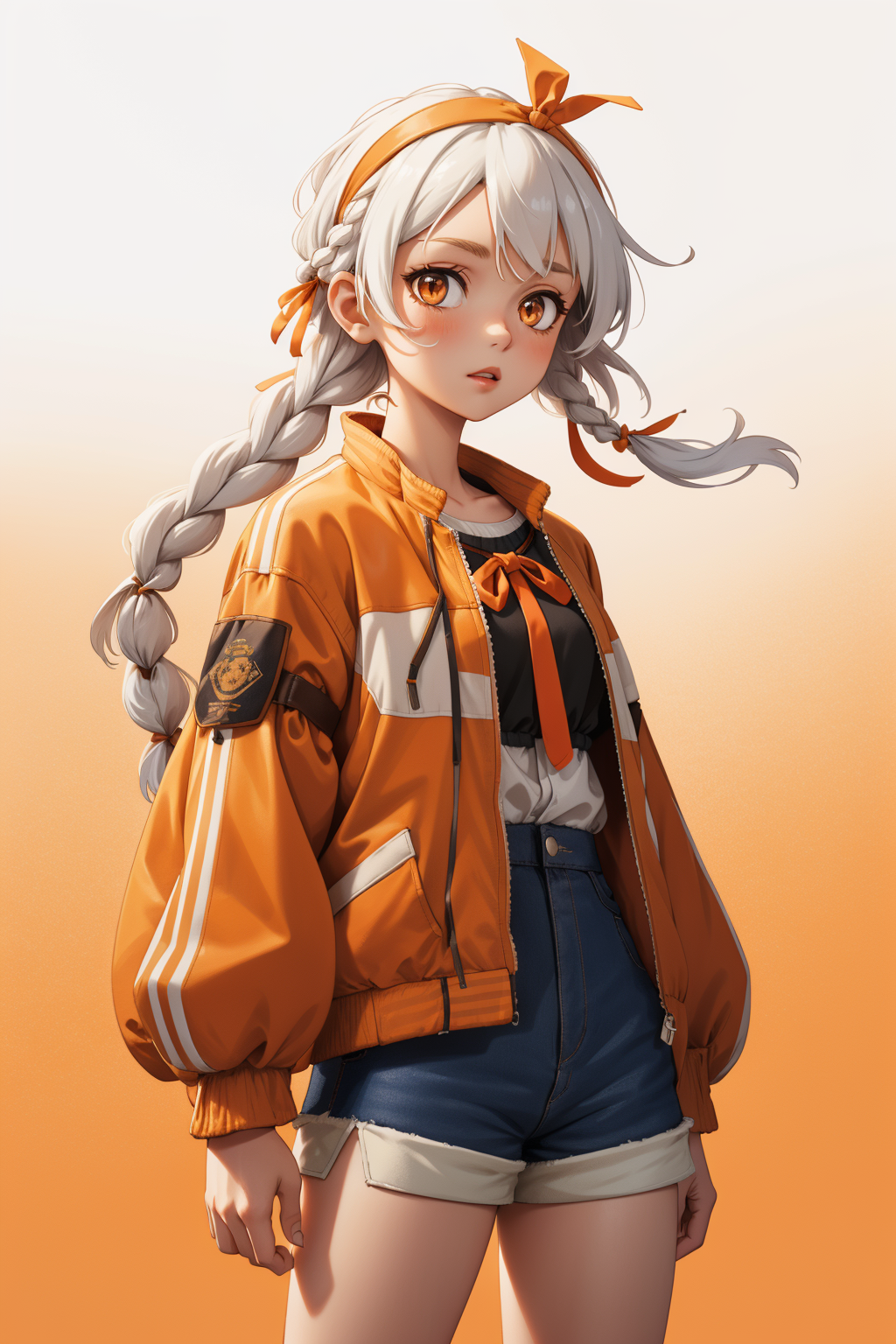masterpiece,1girl, (orange eyes, white hair ribbon, headband, side braid), (highleg shorts, jacket, oversized jacket, puff...